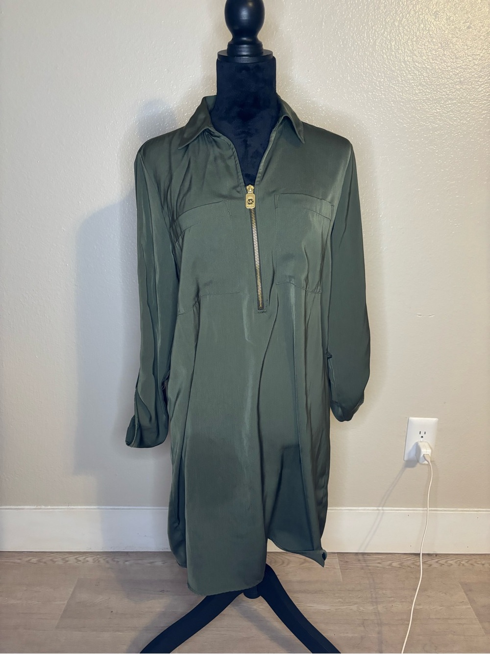 Michael Kors Olive Green Long Sleeve Half-Zip Shirt Dress Tunic Size Medium